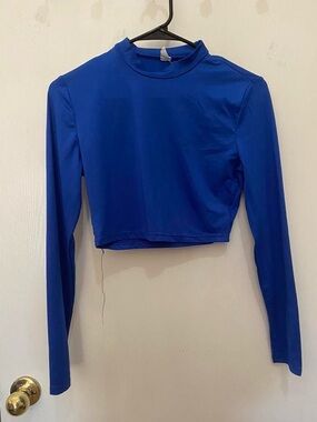 Long Sleeve Royal Blue Crop Top - High Neck